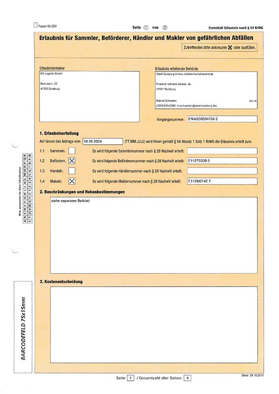 Erlaubnis für Beförderer von gefährlichen Abfällen